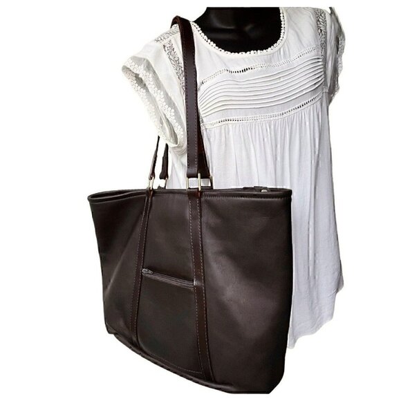 Leather Large Tote Shoulder Bag Chocolate Brown Double Straps Laptop Bag CLASSIC - Picture 1 of 12